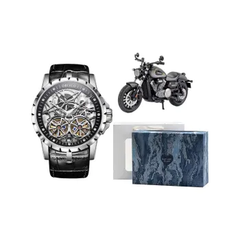 OBLVLO Automatic Mechanical Movement Genuine Leather Strap Watch Men's Watches Black Dial