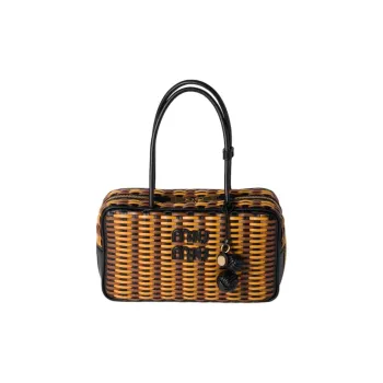 MIU MIU Calfskin Handbag Women's Black With Cognac