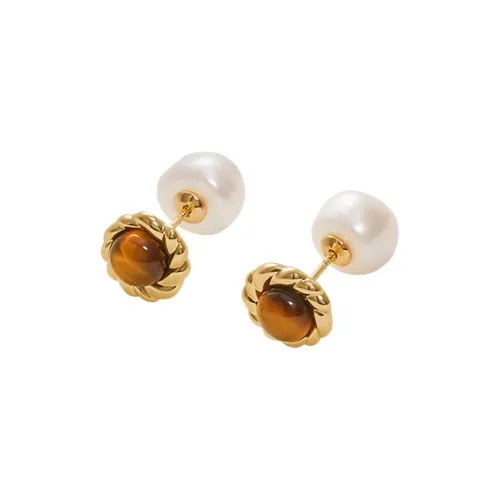 Amber Lollipop Caramel Coffee Series Tiger's Eye Stone S925 Sterling Silver Stud Earrings Women's