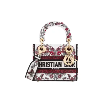 DIOR Lady Dior Fabric Tote Bag Shopping Bag Shoulder Bag Handbag Mini Women's White & Red