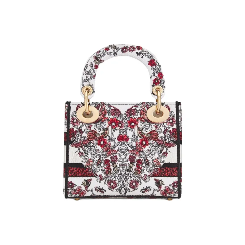 DIOR Lady Dior Fabric Tote Bag Shopping Bag Shoulder Bag Handbag Mini Women's White & Red-3