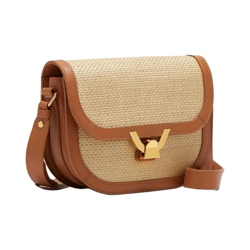 COCCINELLE Raffia With Beaded Surface Leather Straw Shoulder Bag Crossbody Bag Small Size Women's Natural & Brown-1