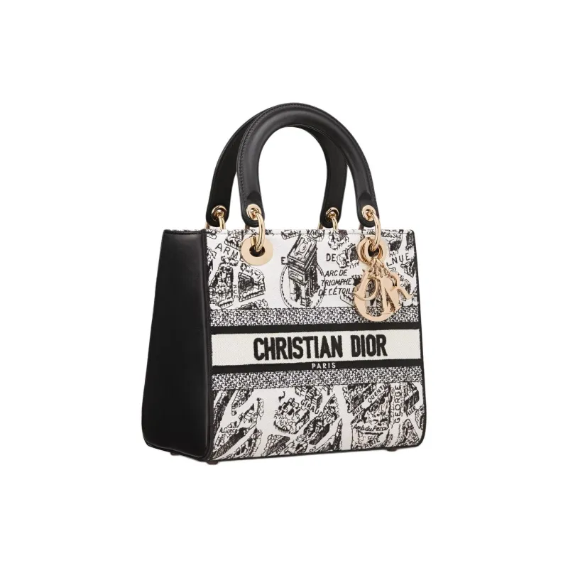 DIOR Lady D Lite Fabric One Shoulder Handbags Medium Size Women's Black & White-1