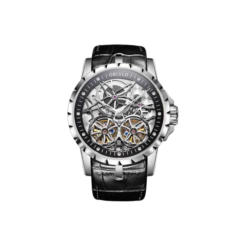 OBLVLO Automatic Mechanical Movement Genuine Leather Strap Watch Men's Watches Black Dial-1