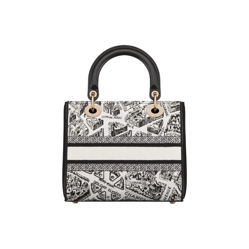 DIOR Lady D Lite Fabric One Shoulder Handbags Medium Size Women's Black & White-2