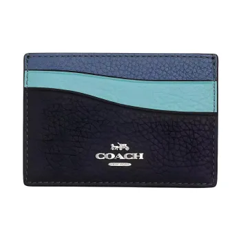 COACH Card Case Egg Stone Color Leather Card Box Mini Women's Silver & Midnight Navy Multicolor