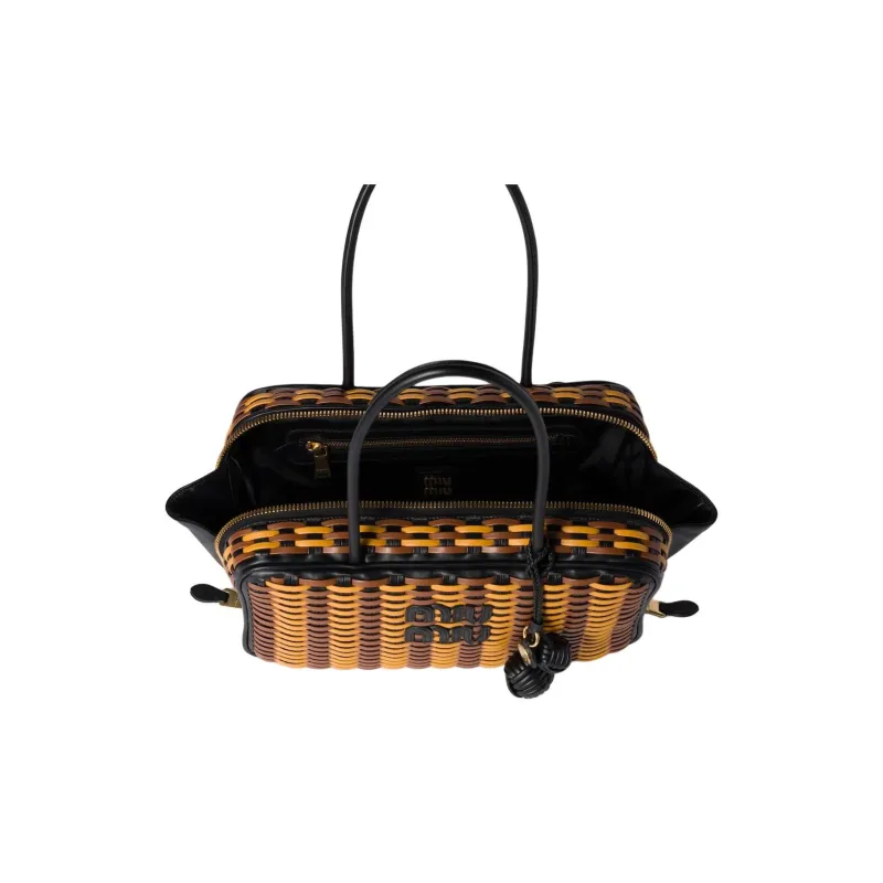 MIU MIU Calfskin Handbag Women's Black With Cognac-3