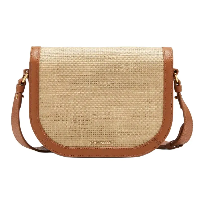 COCCINELLE Raffia With Beaded Surface Leather Straw Shoulder Bag Crossbody Bag Small Size Women's Natural & Brown-2