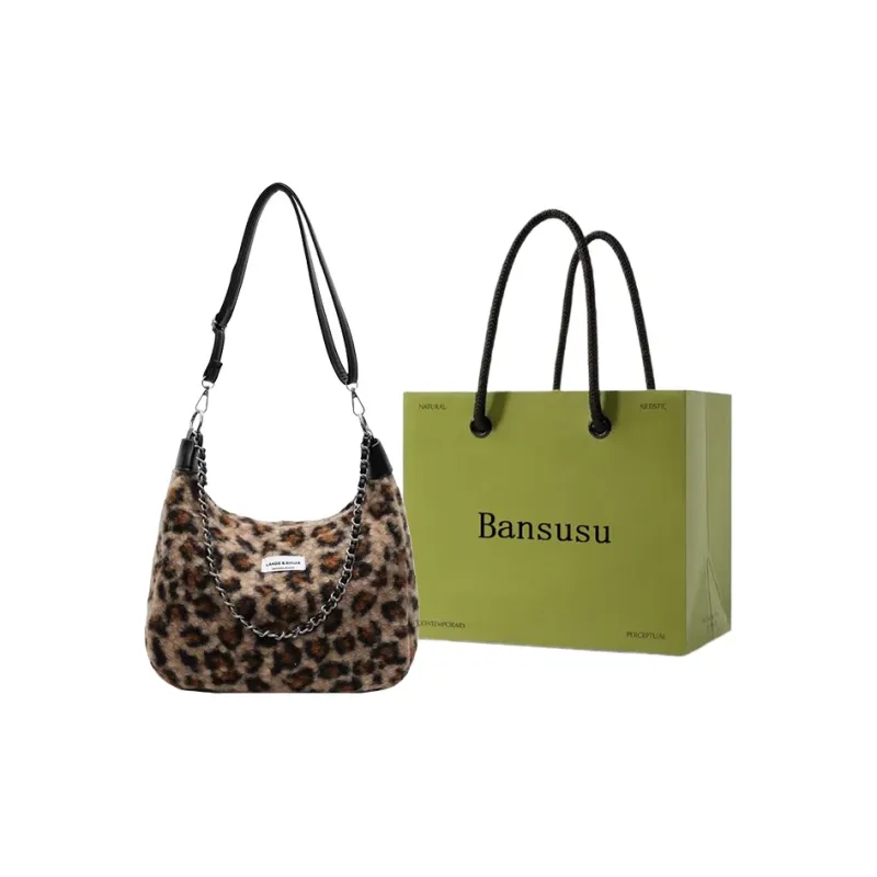 Bansusu Plush Portable Crossbody Bag, Shoulder Bag Regular Small Size Women's Black/Gray Leopard Print-0