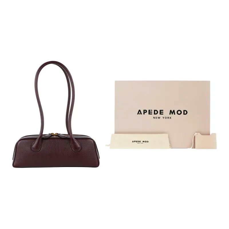 APEDE MOD Embossed Top Grain Cow Leather Bowling Bag Shoulder Bag Handbag Medium Size Women's Bordeaux Red-4