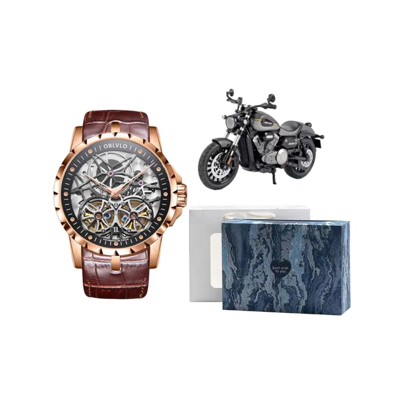 OBLVLO Automatic Mechanical Movement Genuine Leather Strap Watch Men's Watches Black Dial-4