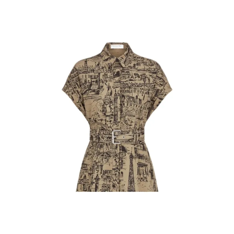 DIOR Mid Length Shirtdress Short Sleeved Dresses Women's Beige-2