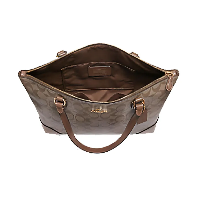 COACH Zip Top Tote Canvas Tote Bag Shopping Bag Handbag Shoulder Bag Medium Size Women's Brown With Orange Yellow-1