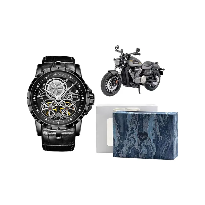 OBLVLO Automatic Mechanical Movement Genuine Leather Strap Watch Men's Watches Black Dial-10