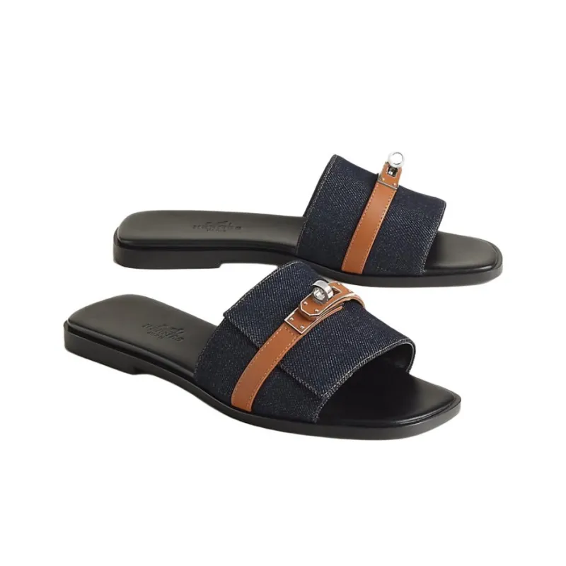 HERMES Giulia Slide Slippers Women's Blue-2