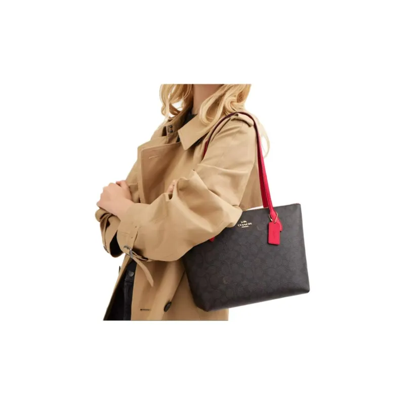 COACH Coated Canvas Tote Bag, Shopping Bag, Shoulder Bag Medium Size Women's Walnut-3
