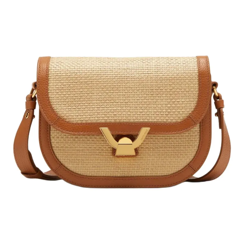 COCCINELLE Raffia With Beaded Surface Leather Straw Shoulder Bag Crossbody Bag Small Size Women's Natural & Brown-0
