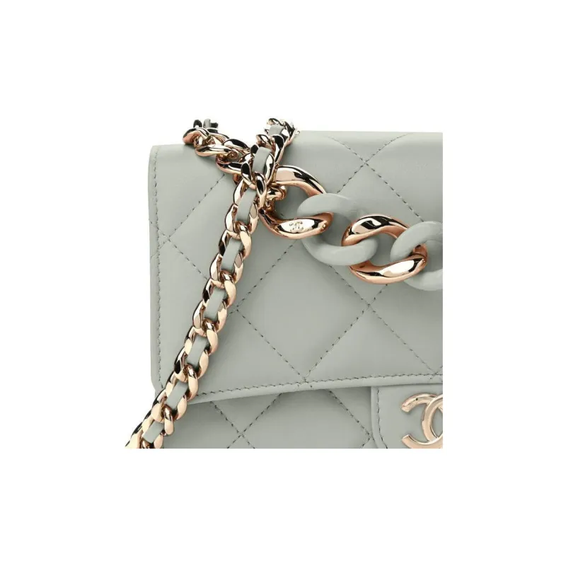 CHANEL WOC Lambskin Flap Bag Wallet On Chain, Small Square Bag, Shoulder Bag, Crossbody Bag Women's Gray Green-2