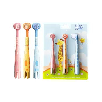 BANNER Cute Giraffe Tri Surface C Shaped All around Cleaning Kids Toothbrush Antibacterial Anticavity Tooth 3 Pack
