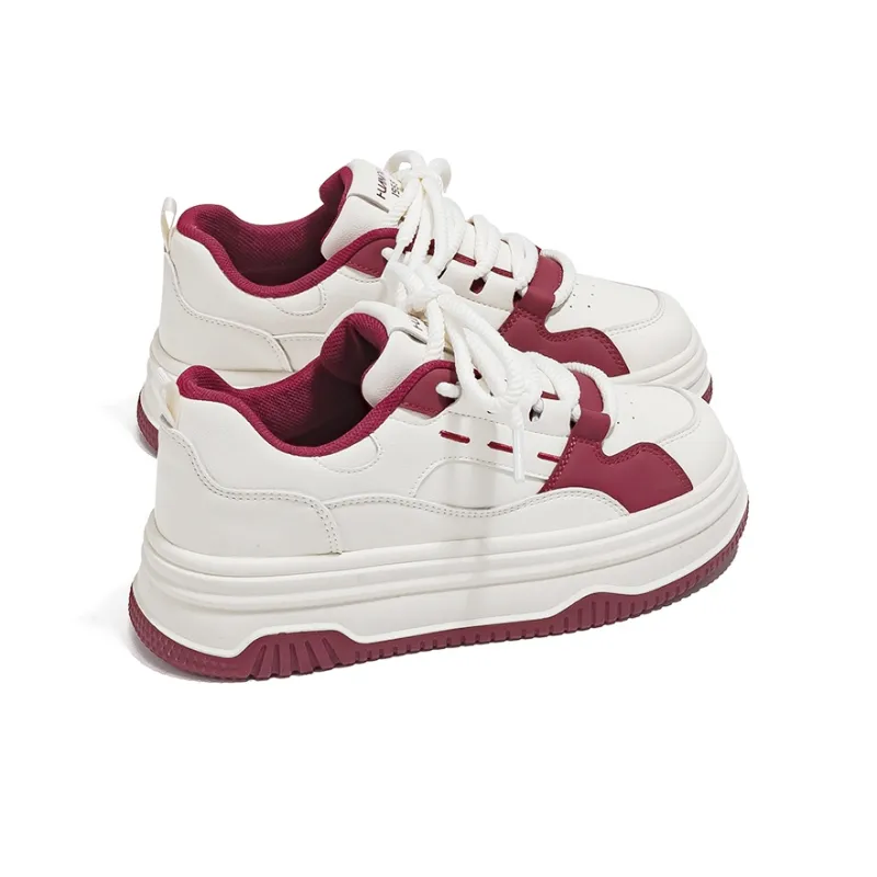HUANQIU Lightweight Breathable Height Increasing Low Top Skateboard Shoes Women's Beige Burgundy-2