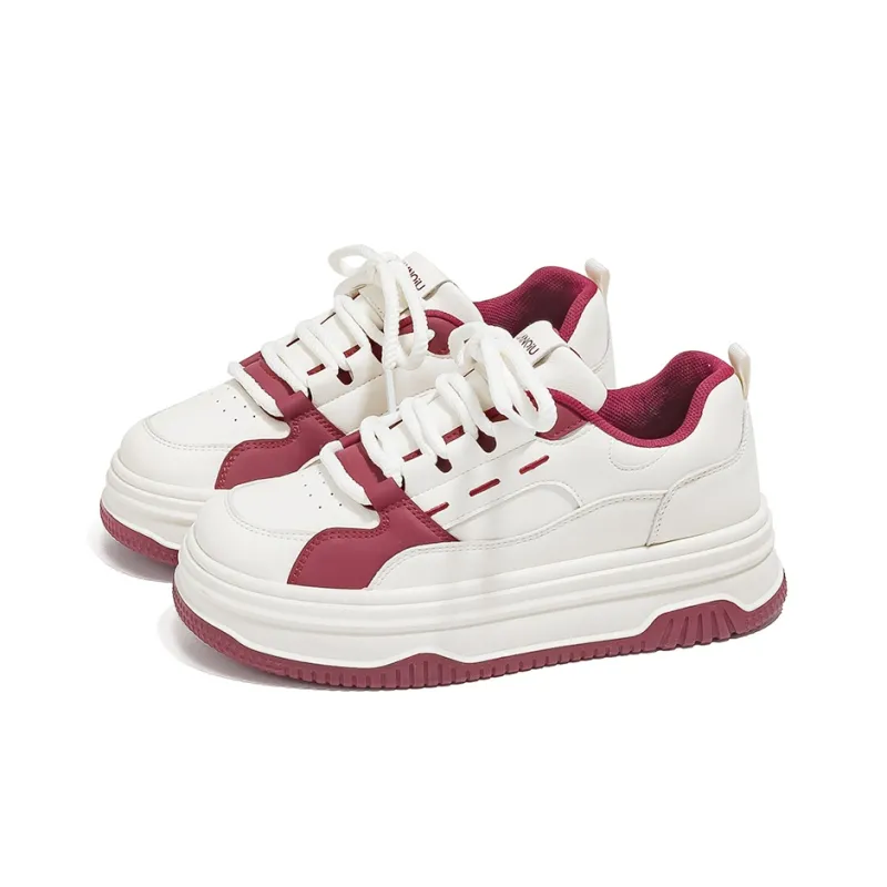 HUANQIU Lightweight Breathable Height Increasing Low Top Skateboard Shoes Women's Beige Burgundy-1