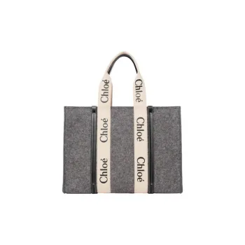 Chloe Woody Smooth Finish Calfskin Tote Bag Shopping Bag Shoulder Bag Handbag Large Size Women's Gray