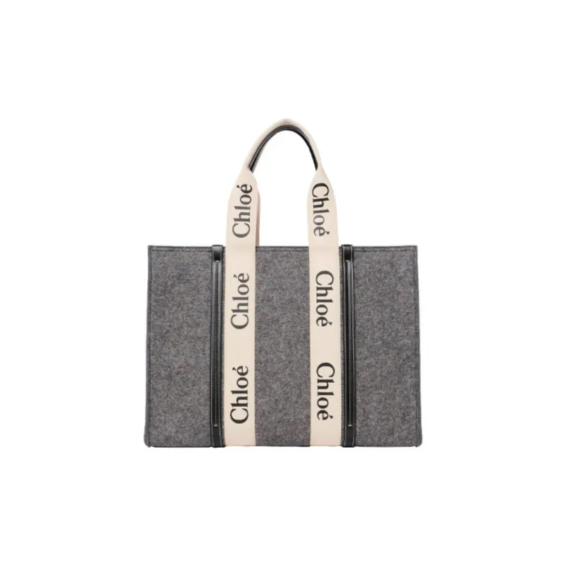 Chloe Woody Smooth Finish Calfskin Tote Bag Shopping Bag Shoulder Bag Handbag Large Size Women's Gray-0