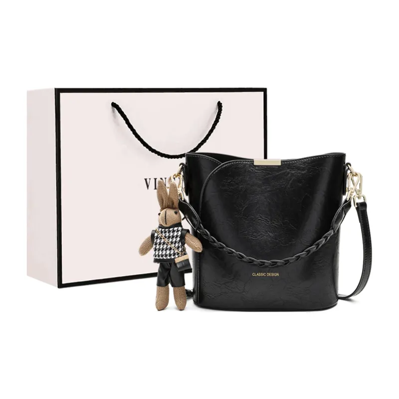 VINEY Cow Leather Shoulder Bag Crossbody Bag Bucket Bag Handbag Regular Women's Coffee/Black-5