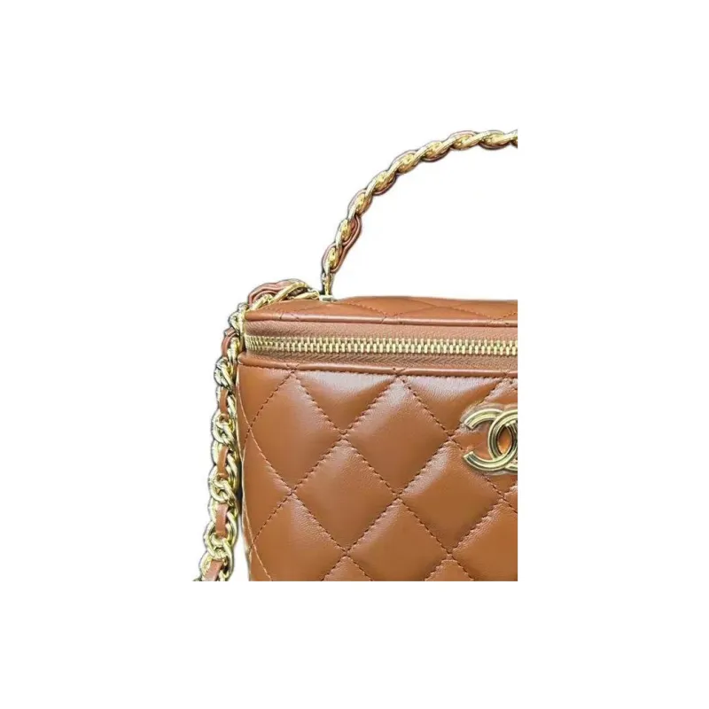 CHANEL Oil Wax Sheepskin Box Bag, Makeup Bag, Shoulder Bag, Crossbody Bag, Handbag Women's Brown-2