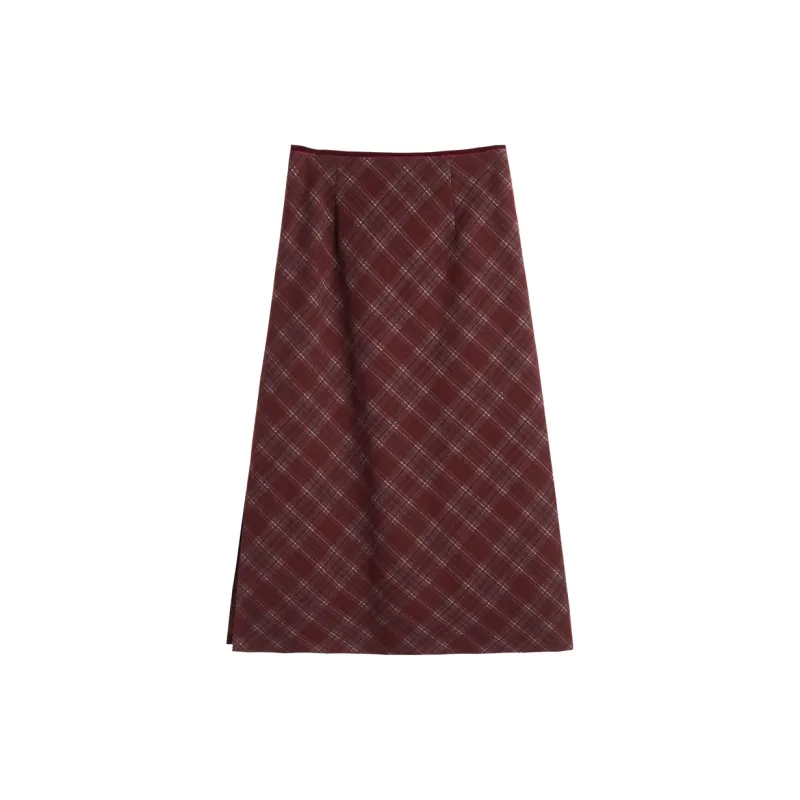 Olrain Casual Long Skirts Women's Red Plaid-1