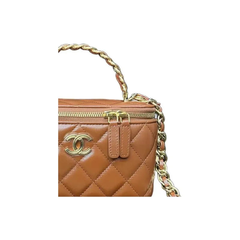 CHANEL Oil Wax Sheepskin Box Bag, Makeup Bag, Shoulder Bag, Crossbody Bag, Handbag Women's Brown-3