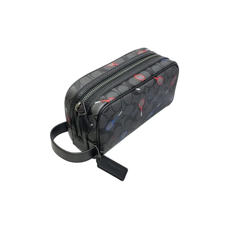 COACH Canvas With Leather Makeup Bag Small Size Women's Black Gray Color-3