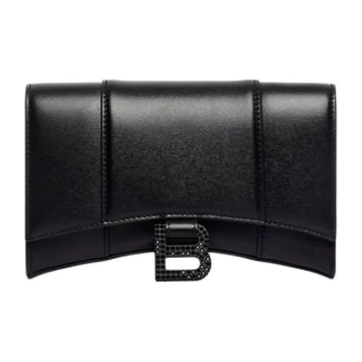Balenciaga Hourglass Crocodile Pattern Embossed Cow Leather Shoulder Bag Crossbody Bag Wallet Women's Black-3