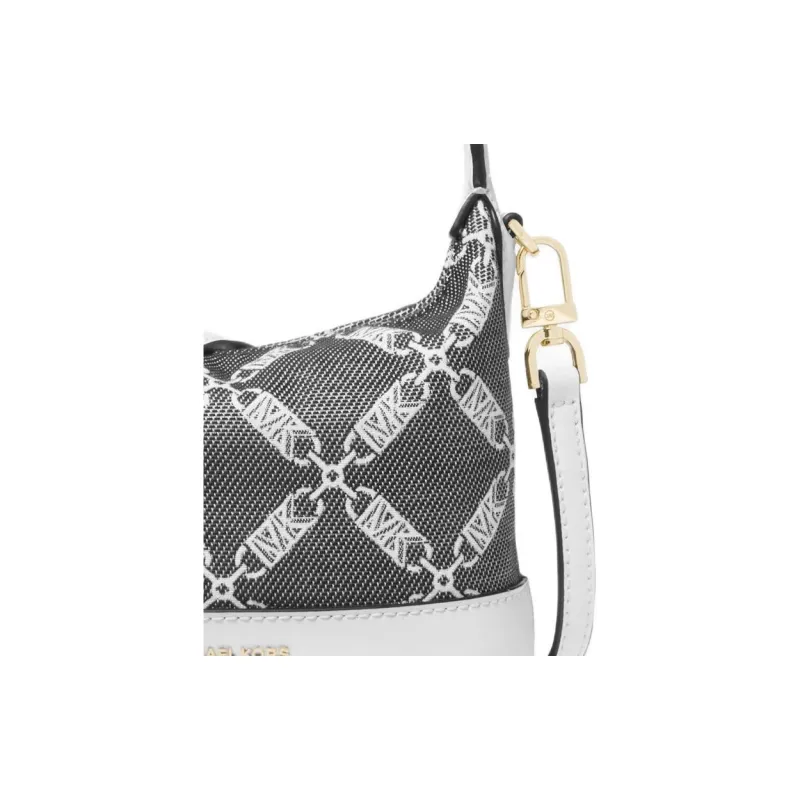 MICHAEL KORS Fabric Bonded Split Cow Leather Handbag Shoulder Bag Crossbody Bag Small Size Women's Black & White-3