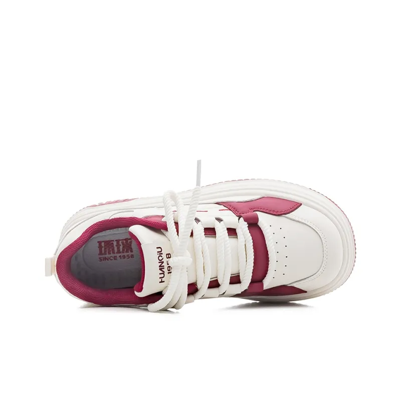 HUANQIU Lightweight Breathable Height Increasing Low Top Skateboard Shoes Women's Beige Burgundy-3