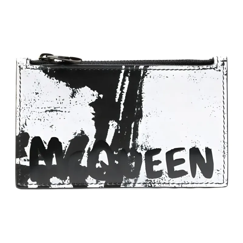 Alexander McQueen Cow Leather Card Clip Card Holder Men's Black & White-0