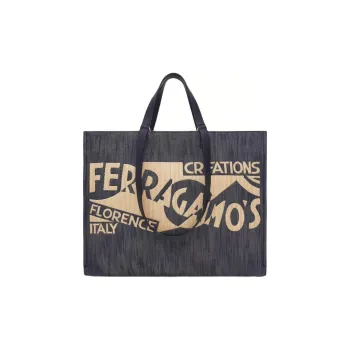 FERRAGAMO Denim With Calfskin Tote Bag Shopping Bag Handbag Large Size Women's Denim & Natural