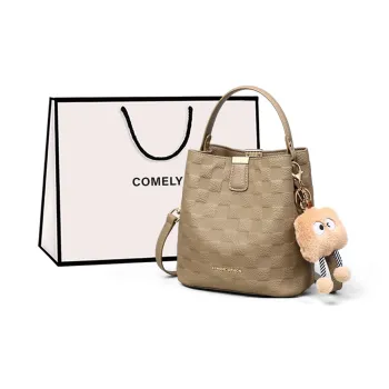 COMELY Cow Leather Bucket Bags Handbags Medium Size Women's Elephant Gray