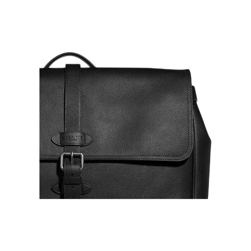 COACH Hudson Leather Solid Color Safety Snap Buckle Flap Shoulder Bag, Crossbody Bag Tubas Men's Black-1