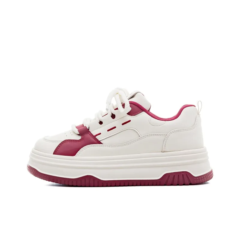 HUANQIU Lightweight Breathable Height Increasing Low Top Skateboard Shoes Women's Beige Burgundy-0