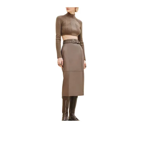 HERMES Leather Long Skirts Women's Gray