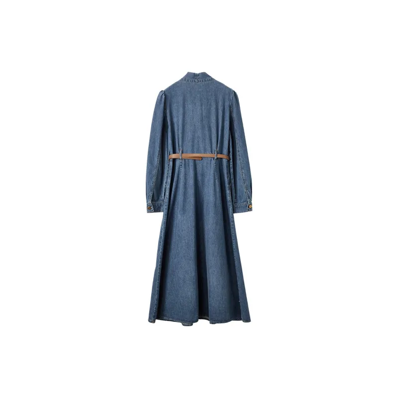XIANGYING Long Sleeved Dresses Women's Denim Blue-1