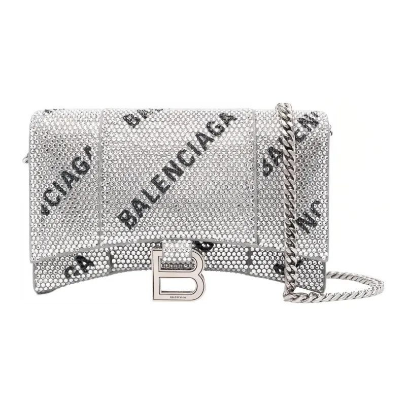 Balenciaga Hourglass Calfskin Hourglass Bag Chain Wallet Shoulder Bag Crossbody Bag Women's Silver-0