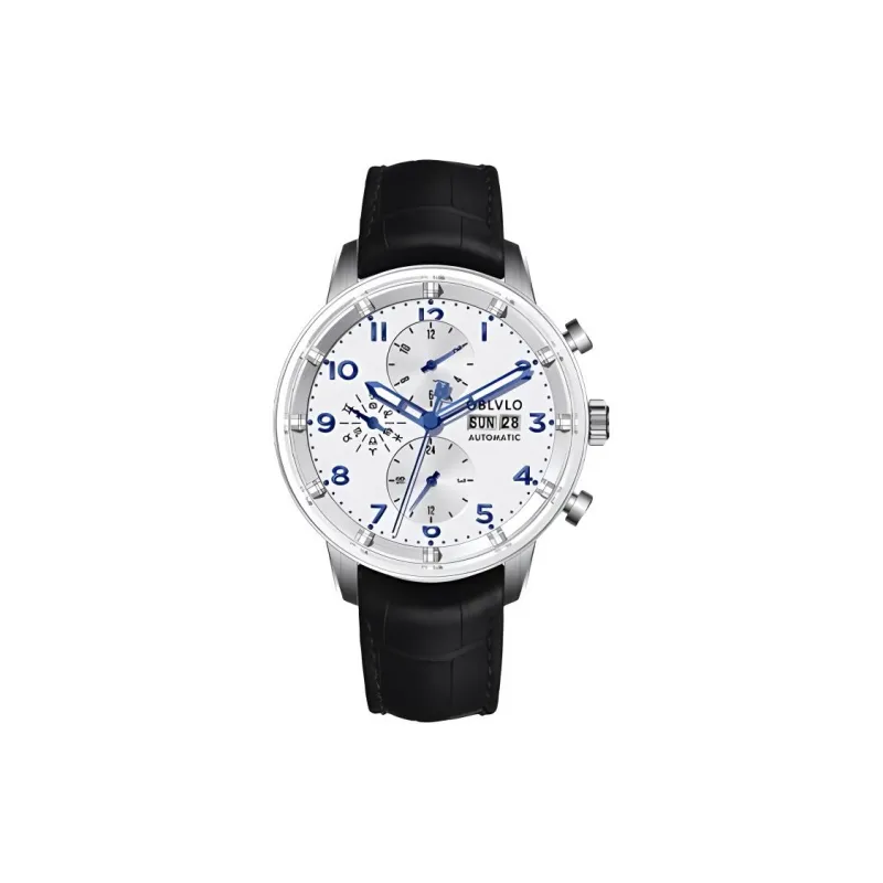 OBLVLO Automatic Mechanical Movement Leather Watch Bands Watch Men's Watches White Dial-1