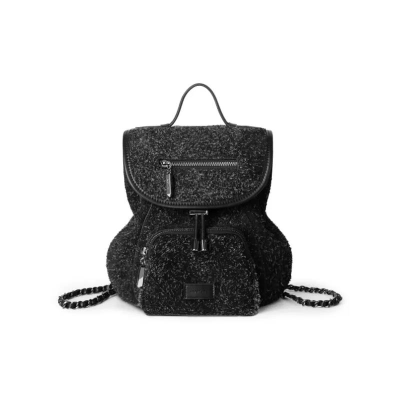 INJOYLIFE Cow Leather Backpack Medium Size Unisex Snow Fleece Black-0