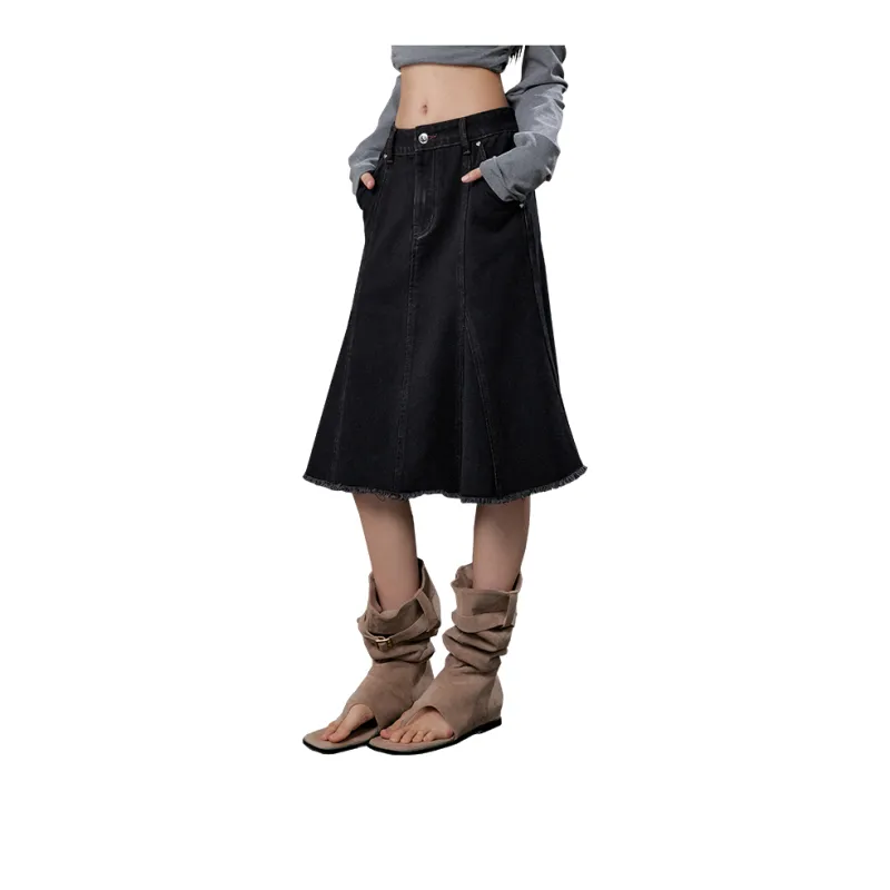 UNIFREE Denim Long Skirts Women's Black Gray Color-2