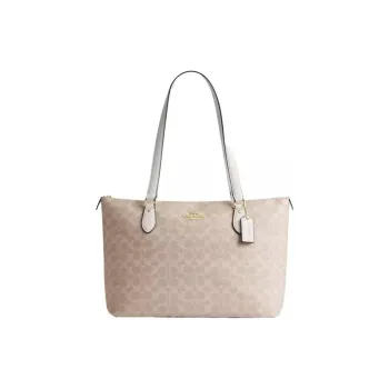 COACH Gallery Coated Canvas Tote Bag Shoulder Bag Large Size Women's Silver Sand With Ash Brown
