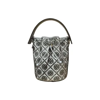 TORY BURCH T Monogram Cotton Bucket Bag, One Shoulder Handbag Mini Women's Gray