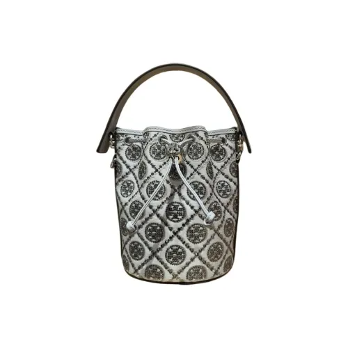 TORY BURCH T Monogram Cotton Bucket Bag, One Shoulder Handbag Mini Women's Gray