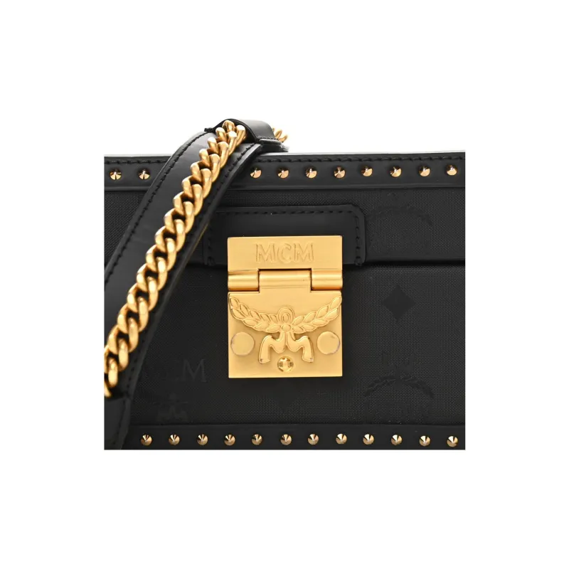 MCM Artificial Leather Shoulder Bag, Crossbody Bag Mini Women's Black, Black Gold-4